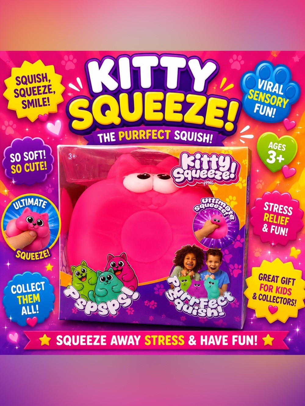 Squeeze PINK Kitty Squeeze Plush Stress Toy